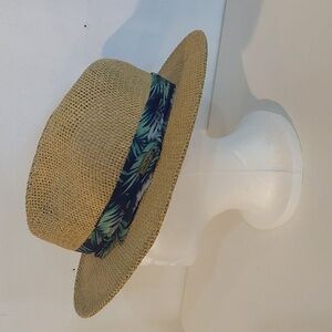 Panama Jack Toyo Tan Straw Hat with Leaf Print Band Safari Sun Resort Wear Mens